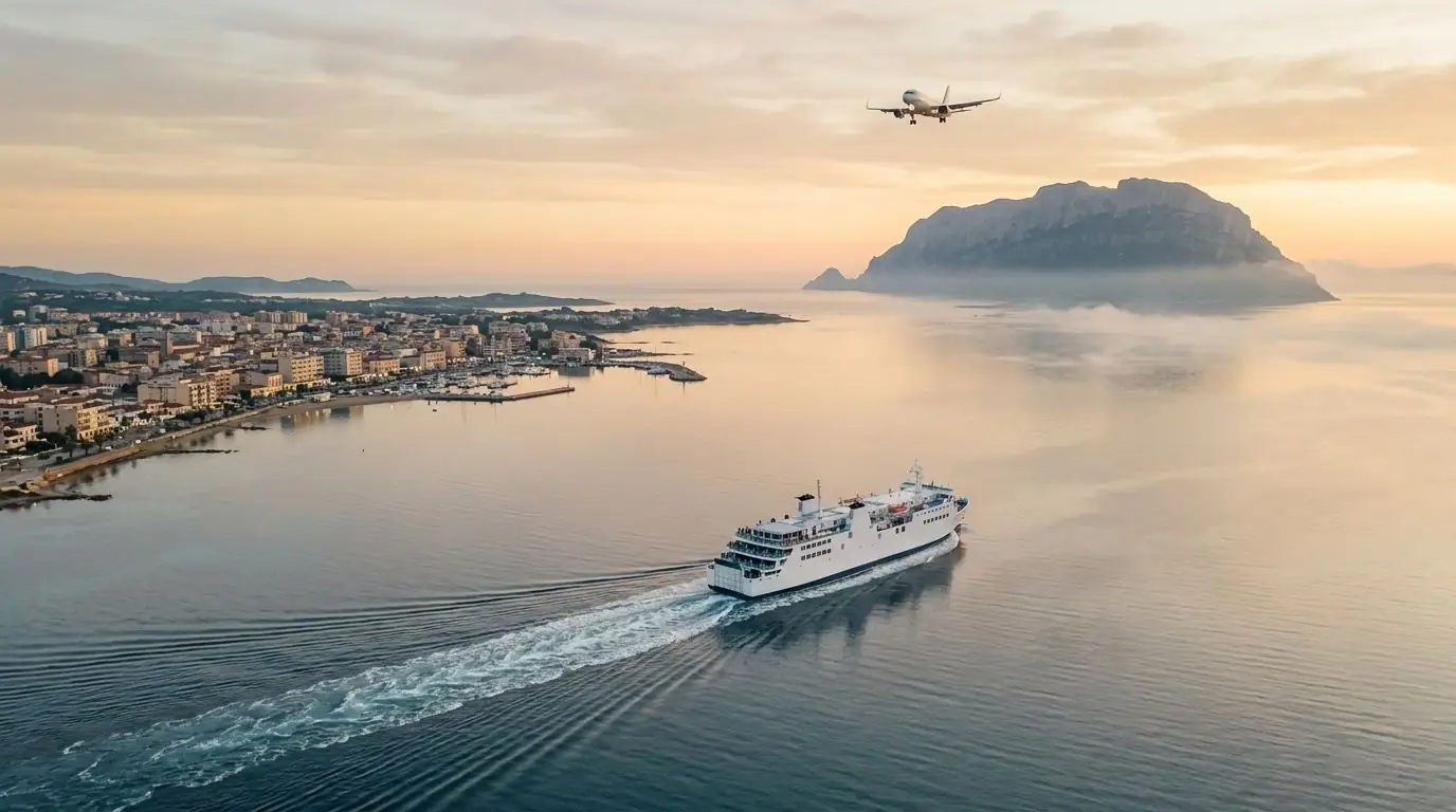 Traghetto che entra nel golfo di Olbia all'alba, con un aereo in avvicinamento