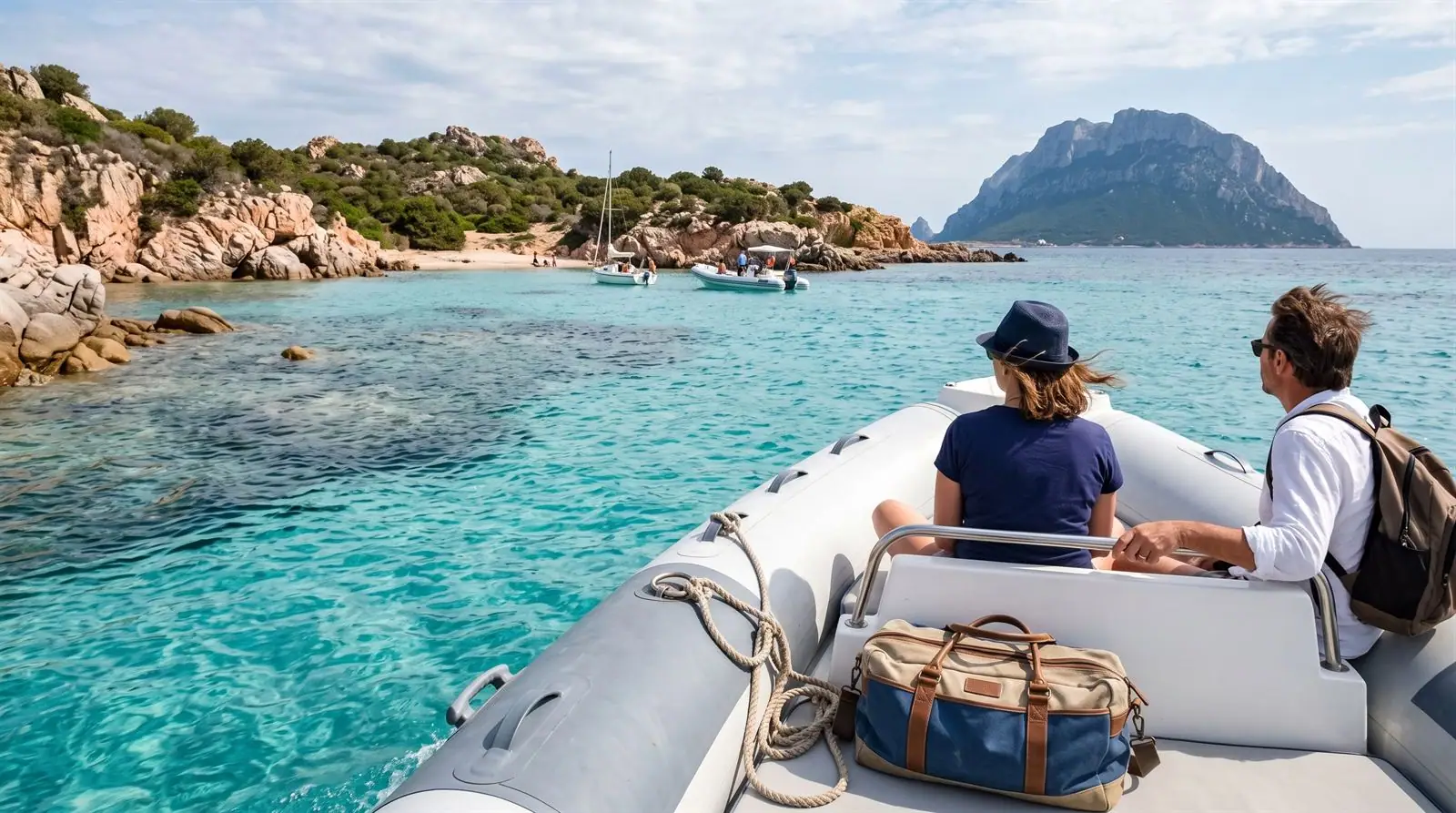 Gita in gommone verso una caletta, con Tavolara sullo sfondo