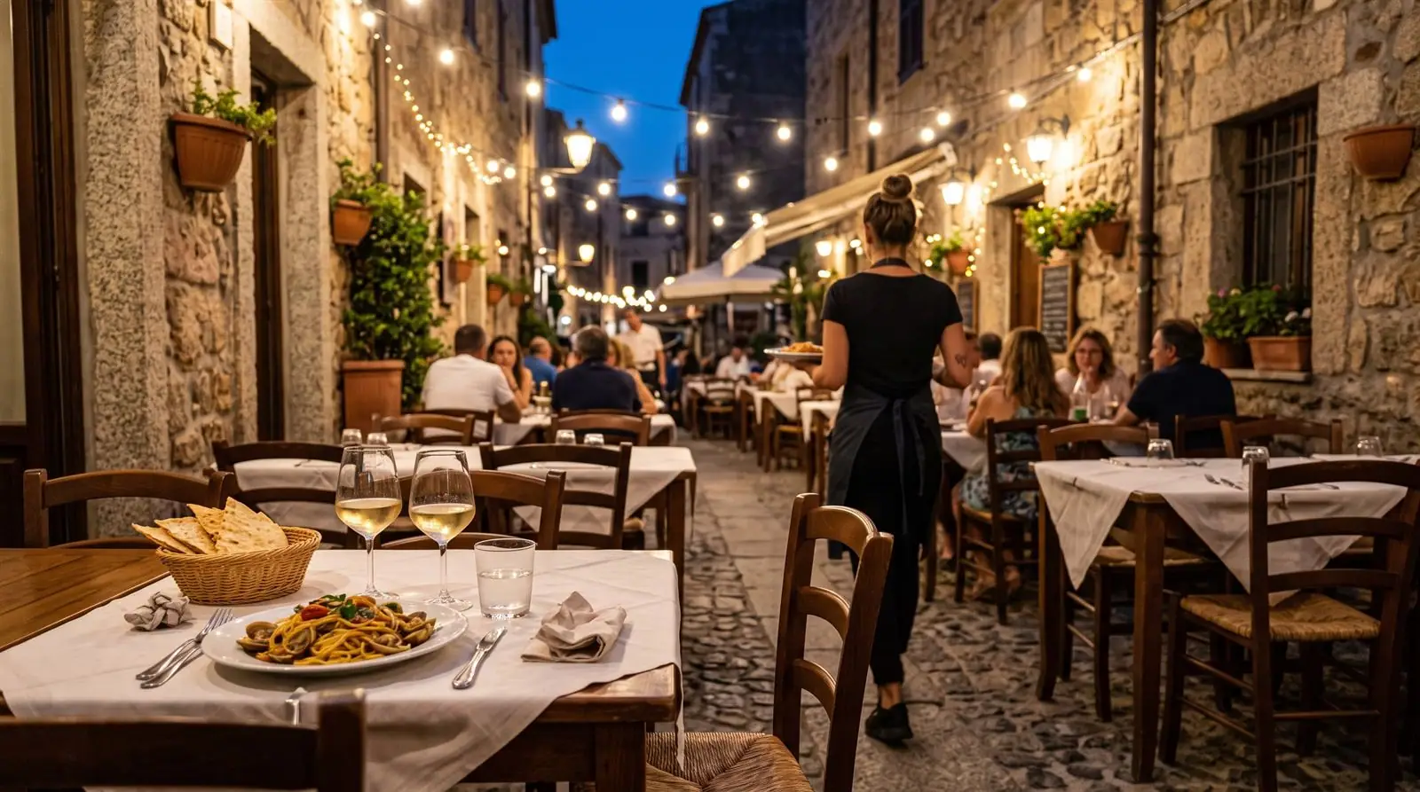 Tische im Freien in einer Altstadtgasse am Abend