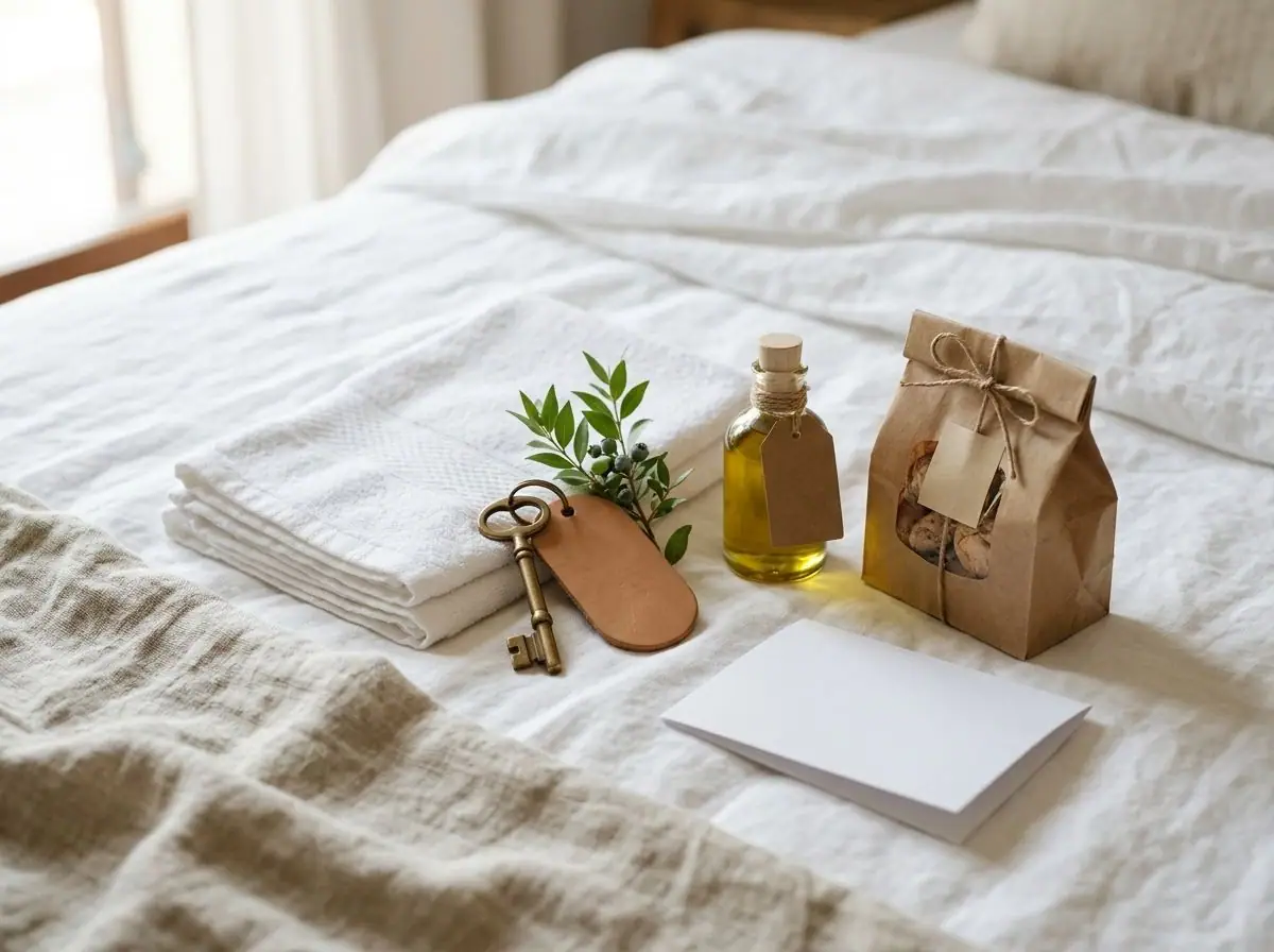 Kit di benvenuto su un letto rifatto: asciugamani, chiavi, olio e dolci