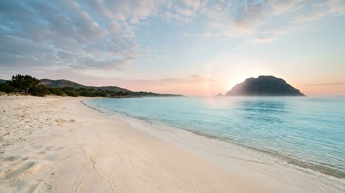 La spiaggia di Pittulongu all'alba, con Tavolara all'orizzonte