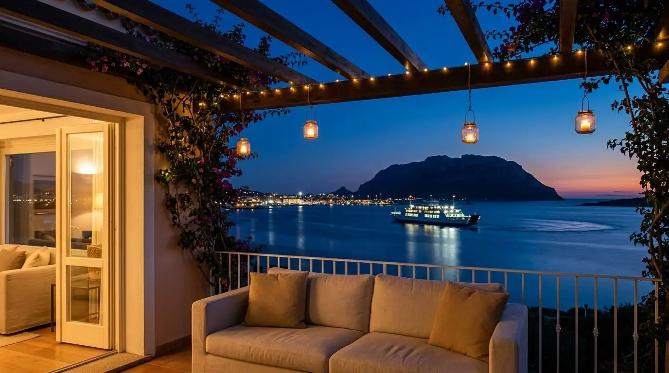 Veranda illuminata all'ora blu, con un traghetto che entra nel golfo