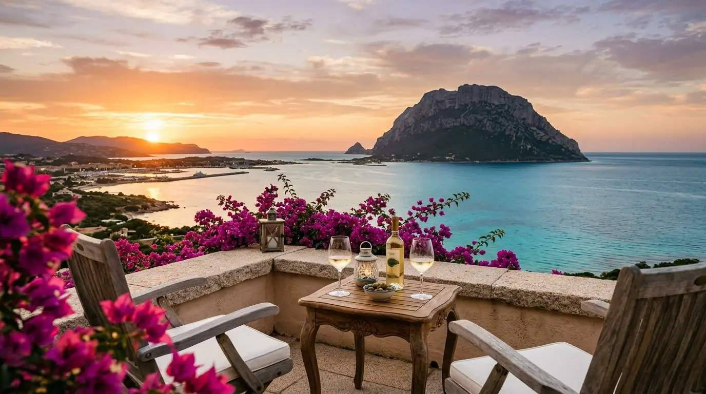 Terrazza con buganvillea e due calici di vino al tramonto, di fronte a Tavolara