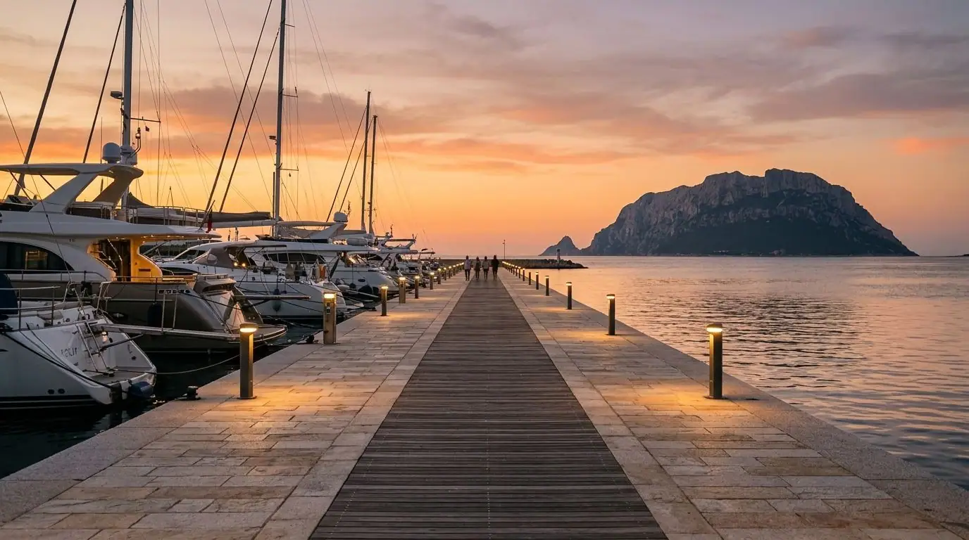 Spaziergang auf einer Mole im Jachthafen bei Sonnenuntergang, Richtung offenes Meer und Tavolara