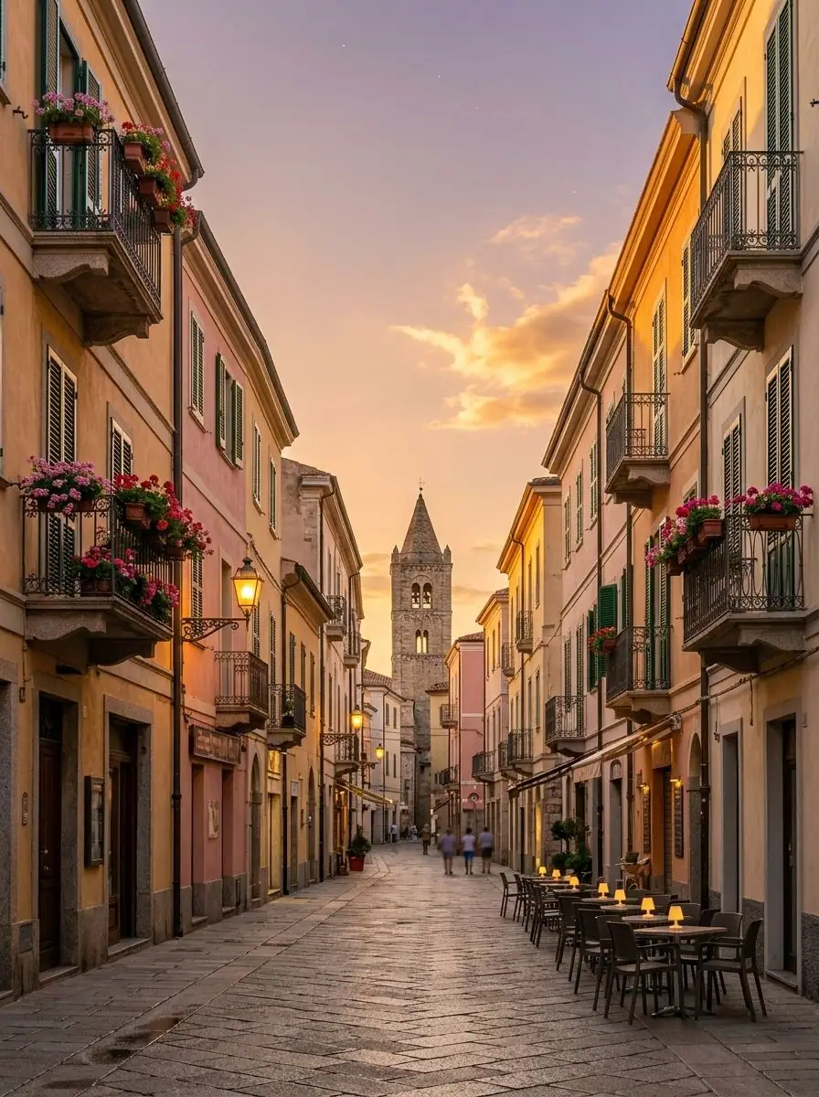 Una via del centro di Olbia al tramonto