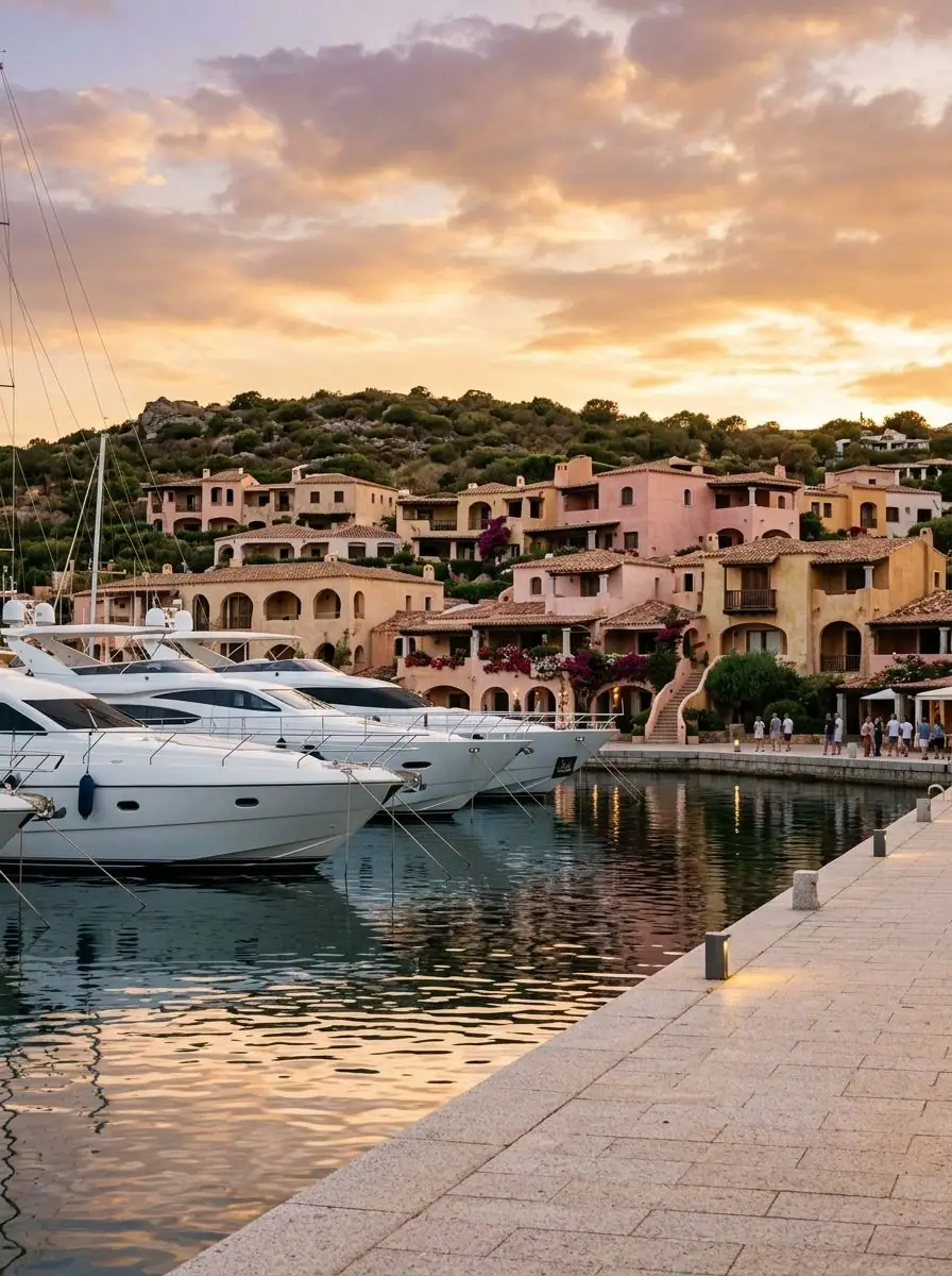 Il porto di Porto Cervo al tramonto, con yacht e case color sabbia