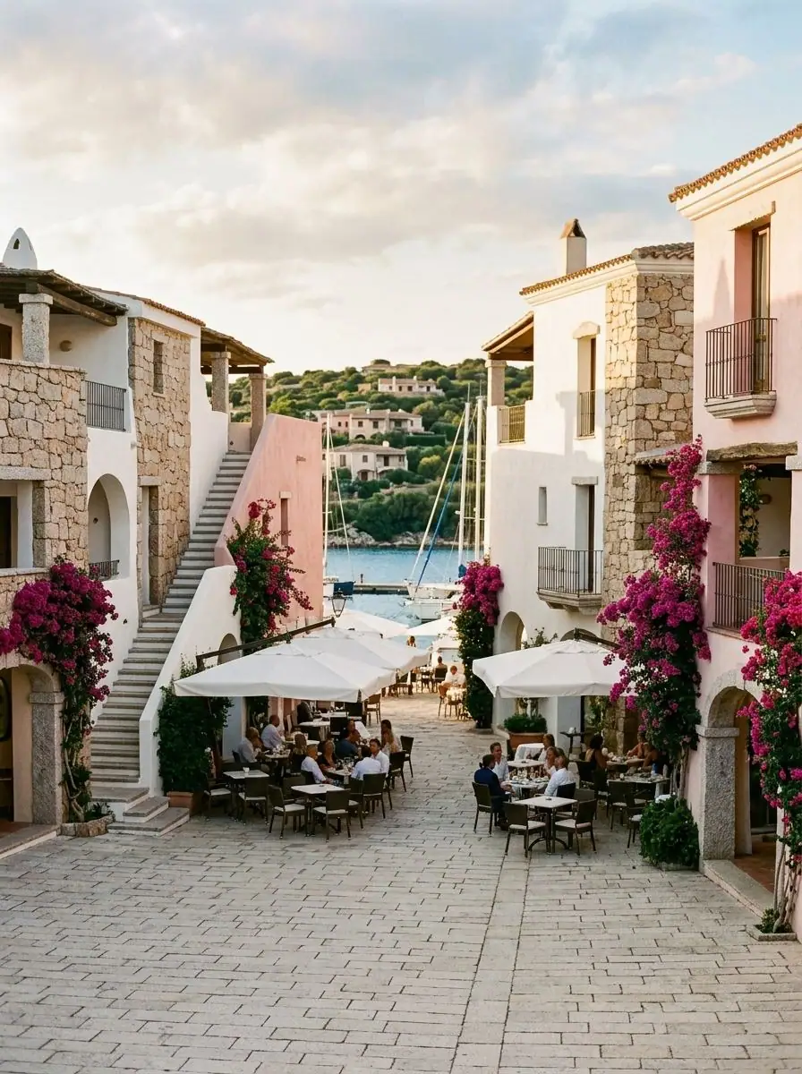 Una piazzetta di Porto Rotondo con tavolini all'aperto e il porticciolo sullo sfondo