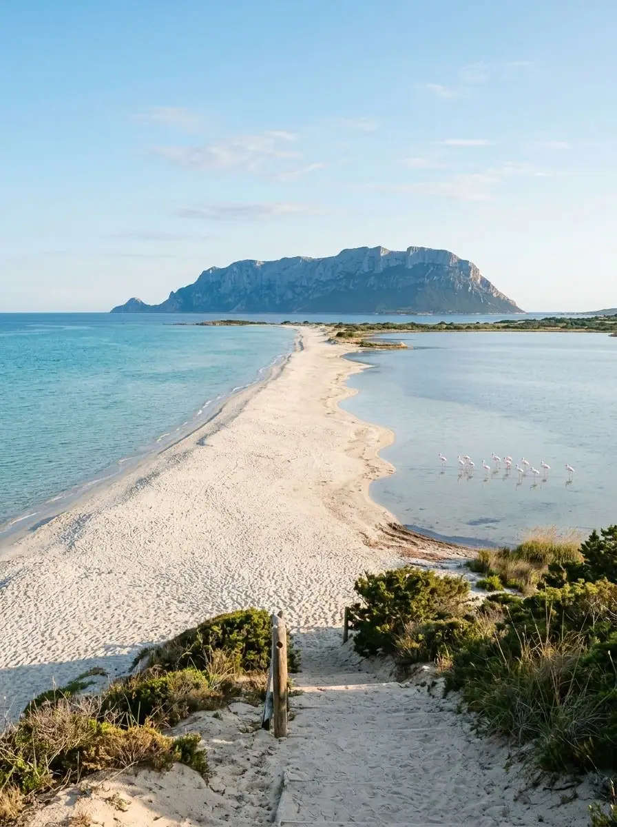 La spiaggia La Cinta tra mare e stagno, con i fenicotteri e Tavolara